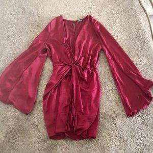 Maroon Satin Bell Sleeve Dress